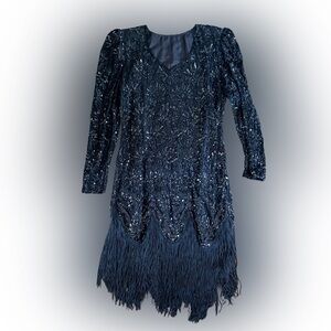 Dazzling Black Sequin V-Neck Dress with Fringe